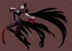  1girl bayonetta bayonetta_(character) black_hair bodysuit breasts cleavage_cutout female full_body gun hair_bun high_heels long_hair red_eyes red_ribbon ribbon ryouko_(artist) ryouko_(ddism) shoes solo very_long_hair weapon 