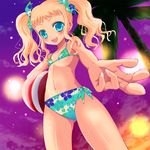  :d bad_id bad_pixiv_id ball beachball bikini blonde_hair blue_eyes child flat_chest foreshortening hands kay_(utd) long_hair navel open_mouth original outstretched_arm outstretched_hand palm_tree perspective reaching smile solo sparkle swimsuit tree twintails wet 