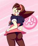  1girl artist_request ass blush breasts brown_hair capcom earrings flipped_hair from_behind gloves green_eyes hairband jewelry open_mouth pantyhose rockman rockman_dash sideboob smile solo striped_background tron_bonne 