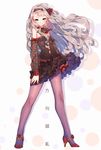  aqua_eyes artist_name ascot bare_shoulders breasts detached_sleeves fangxiang_cuoluan frilled_skirt frills full_body grey_hair hairband high_heels highres legs long_hair looking_at_viewer original pantyhose skirt small_breasts smile solo standing strapless wind wind_lift 