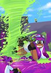  2boys 2girls all_fours bike_shorts chinad011 covering_ears dark_skin domino_mask giantess goggles goggles_on_head green_eyes green_hair inkling long_hair mask multiple_boys multiple_girls paint purple_hair scared slosher_(splatoon) splatoon_(series) splatoon_1 squid tears tentacle_hair 