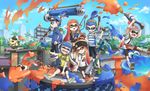  3girls beanie bike_shorts building buttons cat classic_squiffer_(splatoon) domino_mask dynamo_roller_(splatoon) e-liter_3k_(splatoon) fangs flag goggles goggles_on_head gunjou_(88588) hat headphones ink_tank_(splatoon) inkbrush_(splatoon) inkling jajji-kun_(splatoon) kraken_(splatoon) long_hair mask multiple_boys multiple_girls n-zap_(splatoon) open_mouth orange_eyes orange_hair palm_tree pointy_ears scope short_hair smile splatoon_(series) splatoon_1 splattershot_(splatoon) tentacle_hair tree 