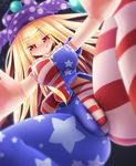  american_flag_dress american_flag_legwear ass blonde_hair blurry blush breasts cameltoe clownpiece covered_nipples cowgirl_position depth_of_field error fat_mons foreshortening full-face_blush hat impossible_clothes impossible_shirt jester_cap large_breasts licking_lips long_hair looking_at_viewer pantyhose pov red_eyes reflective_eyes shirt short_sleeves smile solo space stomach straddling striped striped_legwear thighs tongue tongue_out touhou very_long_hair z.o.b 