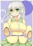  blush breasts commentary_request green_hair komeiji_koishi large_breasts looking_at_viewer md5_mismatch miniskirt no_hat no_headwear silver_hair skirt sleeves_past_wrists smile solo symbol-shaped_pupils touhou us2s 