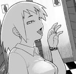  bracelet breasts comic commentary dated earrings eyebrows fellatio_gesture greyscale jewelry large_breasts looking_at_viewer monochrome nail_polish naughty_face open_mouth original prostitution short_hair silent_comic solo toilet_symbol tongue tongue_out tsukudani_(coke-buta) tsurime 
