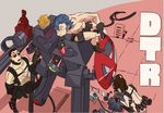  2boys belt black_gloves boots can computer dtr eating extra food french_fries gloves holster hot_dog kill_la_kill laptop looking_at_another mikisugi_aikurou multiple_boys nudist_beach_uniform official_art shoulder_holster sitting soda_can sunglasses sushio utility_belt 