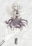  aaaabo absurdres bird boots covering_mouth cross-laced_footwear grey_hair hand_over_own_mouth highres jacket kishin_sagume long_sleeves looking_at_viewer red_eyes shirt short_hair single_wing skirt solo standing swan touhou wings 