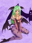  animal_print bare_shoulders bat_print bat_wings breasts bridal_gauntlets cleavage commentary_request demon_girl elbow_gloves gloves green_hair head_wings large_breasts leotard long_hair morrigan_aensland pantyhose print_legwear purple_eyes ryusuke1234 smile solo succubus vampire_(game) wings 