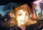  :d artist_request bangs brown_hair car car_interior day derivative_work elliot_rodger ground_vehicle highres looking_at_viewer male_focus motor_vehicle open_mouth portrait real_life red_eyes sketch sky smile solo teeth tree 