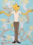  2015 anthro black_nose blue_background canine chest_tuft clothed clothing dog eyes_closed fur hair_tuft inner_ear_fluff legwear male mammal on_one_leg pants phthalo_cyanin shirt simple_background socks solo standing stretching traditional_media_(artwork) tuft watercolor_(artwork) yellow_fur 