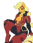  2015 anthro anthrofied applejack_(mlp) armor black_lipstick blonde_hair breasts cleavage clothed clothing equine female friendship_is_magic green_eyes hair horse justicar mammal mass_effect my_little_pony pony ponytail sitting solo video_games zwitterkitsune 