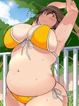  1girl armpits arms_up blush breasts brown_eyes brown_hair cleavage huge_breasts navel obese plump shimejix short_hair solo sweat thick_thighs wide_hips 
