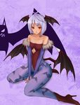  animal_print bare_shoulders bat_print bat_wings bridal_gauntlets collarbone commentary_request demon_girl flat_chest head_wings leotard lilith_aensland pantyhose print_legwear purple_hair red_eyes red_leotard ryusuke1234 short_hair solo succubus vampire_(game) wings 