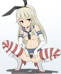  blonde_hair boots breasts brown_eyes elbow_gloves freedom_nakai gloves hair_ribbon highres kantai_collection long_hair nipples panties pussy_juice ribbon shimakaze_(kantai_collection) shirt_lift small_breasts solo spread_legs spread_pussy_under_clothes squatting striped striped_legwear thighhighs thong underwear 