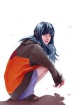  artstation_sample bangs black_hair blunt_bangs borrowed_garments highres hyuuga_hinata image_sample jacket jey_rain lips long_hair naruto naruto_(series) petals realistic sandals solo squatting white_background 