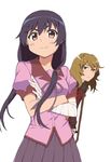  bandages black_hair brown_eyes brown_hair can't_be_this_cute crutch hanamonogatari highres kanbaru_suruga long_hair looking_at_another looking_at_viewer low_twintails monogatari_(series) multiple_girls numachi_rouka ore_no_imouto_ga_konna_ni_kawaii_wake_ga_nai parody school_uniform smile track_suit twintails xingnai 