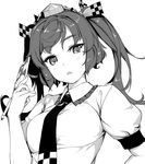  cellphone face greyscale hat himekaidou_hatate long_hair looking_at_viewer monochrome open_mouth phone rokuwata_tomoe simple_background solo tokin_hat touhou twintails upper_body white_background 