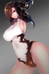  angry apollonia_vaar arms_up black_armor breasts brown_hair gradient gradient_background granblue_fantasy hase_neet jacket jpeg_artifacts large_breasts leotard restrained sideboob solo 