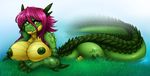  2015 amber_eyes anthro big_breasts breasts claws crocodile female grass hair looking_at_viewer madamsquiggles nipples nude pink_hair reptile scalie smirk solo 