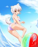  animal_ears ass ball beach beachball bikini blush breasts commentary_request d: day fang highres hitotsubashi_inari inubashiri_momiji kneepits looking_at_viewer medium_breasts open_mouth short_hair side-tie_bikini silver_hair solo swimsuit tail teeth touhou wet wolf_ears wolf_tail 