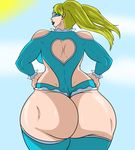  artist_request ass back backboob blonde_hair blue_eyes breasts capcom domino_mask female from_behind gradient gradient_background hands_on_hips heart_cutout huge_ass large_breasts leotard long_hair looking_back mask muscle rainbow_mika shiny shiny_skin smile solo street_fighter street_fighter_v thong thong_leotard twintails wrestling_outfit 