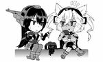  2girls bridal_gauntlets chibi commentary_request crossed_legs eating fingerless_gloves food food_on_face glasses gloves greyscale headgear high_heels ikeshita_moyuko kantai_collection long_hair monochrome multiple_girls musashi_(kantai_collection) nagato_(kantai_collection) pointing pointy_hair sarashi translated two_side_up 