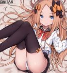  1girl abigail_williams_(fate/grand_order) artist_name bangs black_bow black_legwear black_skirt blonde_hair blue_eyes blush bow eyebrows_visible_through_hair eyes_closed fate/grand_order fate_(series) gantan hair_bow long_hair long_sleeves looking_at_viewer lying on_back orange_bow panties pantyshot pantyshot_(lying) parted_bangs polka_dot polka_dot_bow sailor_collar school_uniform serafuku shirt skirt smile solo thighhighs underwear uniform white_panties white_shirt 