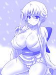  blush breasts cleavage collarbone commentary_request covered_nipples japanese_clothes jigoku_sensei_nube kimono konno_tohiro large_breasts long_hair looking_at_viewer monochrome obi panties pantyshot pantyshot_(sitting) sash seiza short_hair short_kimono sidelocks sitting smile solo underwear yukime_(jigoku_sensei_nube) 