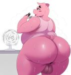  anthro backsack balls belly big_butt bottomless butt clothed clothing digital_media_(artwork) eyelashes girly huge_butt male mammal overweight overweight_male partially_clothed pig pink_skin porcine rear_view rotary_fan simple_background solo sssonic2 standing sweat thick_thighs white_background 