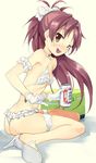  anshinmama ass bikini can cooler highres long_hair mahou_shoujo_madoka_magica ponytail red_eyes red_hair sakura_kyouko soda_can solo swimsuit thong_bikini 