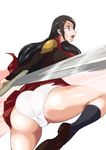  ass black_hair blue_eyes breasts cape final_fantasy final_fantasy_type-0 from_behind from_below glasses hair_ornament hairclip huge_ass long_hair miniskirt open_mouth panties queen_(fft-0) shijima_(pixiv1182172) shiny shiny_skin simple_background skirt solo striped_background sword underwear upskirt weapon white_panties 