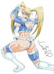  1girl artist_request ass bandage bare_shoulders blonde_hair blue_eyes boots breasts capcom domino_mask flexible from_behind grin heart heart_cutout large_breasts long_hair looking_at_viewer mask muscle rainbow_mika scar shiny shiny_skin sideboob simple_background smile solo street_fighter street_fighter_v twintails 