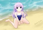  barefoot beach blush competition_school_swimsuit day hair_ornament long_hair looking_at_viewer nepgear neptune_(series) ocean open_mouth purple_eyes purple_hair sand school_swimsuit smile solo swimsuit t-lun 