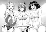  ball beachball bifidus bikini breasts collaboration commentary_request curvy eyepatch greyscale hair_flaps ise_(kantai_collection) kantai_collection kurozu_(crozu) large_breasts monochrome multiple_girls necktie remodel_(kantai_collection) scar smile swimsuit tenryuu_(kantai_collection) tocky yuudachi_(kantai_collection) 