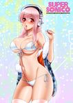  bikini blush breasts cleavage clothes_down commentary_request headphones large_breasts long_hair looking_at_viewer navel nitroplus off_shoulder okazaki_beru open_mouth pink_hair plectrum pom_pom_(clothes) red_eyes solo super_sonico swimsuit thighhighs white_bikini 