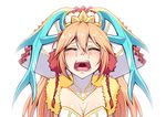  breasts cleavage closed_eyes crying dream_demon hat long_hair medium_breasts open_mouth puzzle_&amp;_dragons sakuya_(p&amp;d) simple_background solo tears teeth tongue white_background 