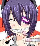  ^_^ blush broken closed_eyes commentary_request eyepatch grin headgear kantai_collection konno_tohiro meme portrait pregnancy_test purple_hair sharp_teeth short_hair smile solo sunburst teeth tenryuu_(kantai_collection) 