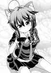  ahoge animal_ears braid cat_ears cat_tail collarbone fingerless_gloves gloves greyscale hair_between_eyes hair_flaps hair_ornament hair_over_shoulder hair_ribbon highres kantai_collection looking_at_viewer monochrome neckerchief non-web_source pleated_skirt remodel_(kantai_collection) ribbon school_uniform serafuku shigure_(kantai_collection) single_braid sitting skirt solo sweatdrop tail tenshin_amaguri_(inobeeto) 