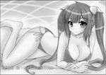  bikini dungeon_ni_deai_wo_motomeru_no_wa_machigatteiru_darou_ka greyscale hestia_(danmachi) long_hair lying monochrome nightmare77zx on_stomach solo swimsuit twintails 