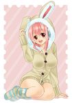  absurdres animal_ears bad_id bad_pixiv_id blush breasts bunny_ears commentary_request headphones highres hood hoodie large_breasts long_hair looking_at_viewer nitroplus pink_hair red_eyes rio_(usagiya) smile solo super_sonico 