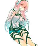  bad_id bad_pixiv_id belt blush breasts headphones large_breasts legs long_hair looking_at_viewer nitroplus open_mouth pink_hair red_eyes rin_(kakuera) short_shorts shorts simple_background solo super_sonico white_background 