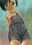  arms_behind_back bandaid bandaids_on_nipples black_eyes black_hair collarbone flat_chest looking_at_viewer naked_overalls original overalls pasties short_hair shorts smile solo yutazo_028 