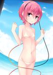  arai_togami bikini blue_eyes clenched_hands expressionless flat_chest highres jitome komeiji_satori looking_at_viewer micro_bikini petite pink_hair solo swimsuit touhou 