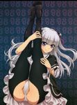  ass black_dress black_legwear black_shoes blush crotch dress gradient gradient_background hair_ornament legs legs_up long_hair looking_at_viewer lying naruse_maria official_art ookuma_(nitroplus) panties partially_visible_vulva presenting purple_eyes shinmai_maou_no_testament shiny shiny_skin shoes short_sleeves smile solo thighhighs thighs underwear white_hair white_panties 