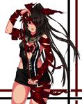  absurdres black_hair commentary_request hair_over_one_eye hair_ribbon highres long_hair looking_away one_eye_covered open_mouth original ponytail red_eyes revealing_clothes ribbon ryusuke1234 short_shorts shorts solo thighs 