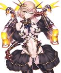  adjusting_hair armor ban bangs bare_shoulders black_legwear blush bow breastplate breasts breasts_apart center_opening cleavage cowboy_shot cross-laced_clothes crotch_plate detached_sleeves energy_gun gauntlets glowing gorget grey_eyes groin gun head_tilt highres large_breasts layered_skirt legs_apart leotard light_brown_hair light_smile looking_at_viewer miniskirt navel navel_piercing no_bra official_art pale_skin piercing puffy_sleeves revealing_clothes short_hair showgirl_skirt simple_background skirt smile spiked_knuckles spikes swept_bangs taimanin_(series) taimanin_asagi taimanin_asagi_kessen_arena thighhighs toned turtleneck underboob weapon white_background wight_(taimanin_asagi) 