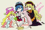  4girls american_flag_legwear american_flag_shirt animal_ears barefoot biting black_dress blonde_hair blue_eyes blue_hair bunny_ears chains chinese_clothes clothes_writing clownpiece dress ear_biting earth_(ornament) eel fish fox_tail full_body gold_chain hat hecatia_lapislazuli jester_cap junko_(touhou) kneeling lavender_eyes lavender_hair long_hair long_sleeves looking_at_another looking_down miniskirt moon_(ornament) multiple_girls multiple_tails necktie niwa_(njy) print_legwear red_eyes reisen_udongein_inaba shirt short_sleeves simple_background sitting skirt smile star star-shaped_pupils stick symbol-shaped_pupils t-shirt tabard tail thighhighs touhou wide_sleeves 