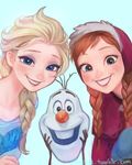  a-ka anna_(frozen) aqua_eyes black_eyes blonde_hair blue_background blue_dress blue_eyes braid brown_hair carrot cloak disembodied_head dress elsa_(frozen) eyeshadow freckles frozen_(disney) grin hair_ornament hair_over_shoulder hood hooded_cloak looking_at_viewer makeup multiple_girls olaf_(frozen) siblings simple_background sisters smile snowflake_hair_ornament teeth twin_braids upper_body watermark web_address 