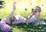  arm_support barefoot blonde_hair book bug butterfly dappled_sunlight dress flower grass grey_eyes hydrangea insect jiji_(381134808) juliet_sleeves kasugano_sora leg_up long_hair long_legs long_sleeves looking_at_viewer lying on_grass on_ground on_stomach puffy_sleeves solo stuffed_animal stuffed_bunny stuffed_toy sunlight the_pose very_long_hair white_dress yosuga_no_sora 