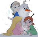  3girls anna_(frozen) blonde_hair braid child elsa_(frozen) frozen_(disney) gusam99 highres multiple_girls olaf_(frozen) orange_hair rapunzel_(disney) siblings simple_background sisters snow snowman tangled transparent_background 